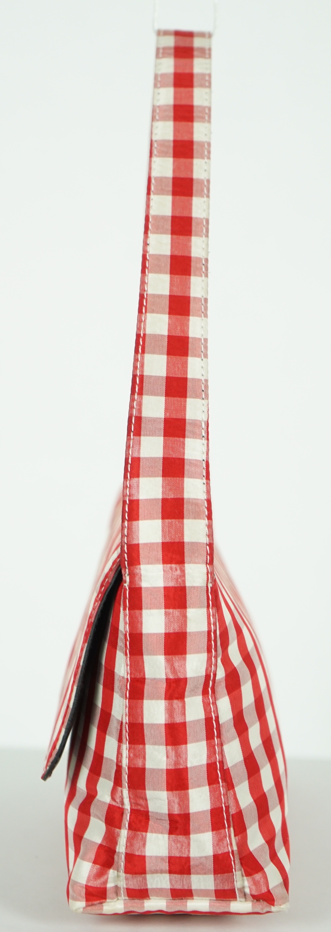 A Ralph Lauren red and white gingham satin evening bag, width 22cm, height 14cm, overall height 30cm, depth 5cm